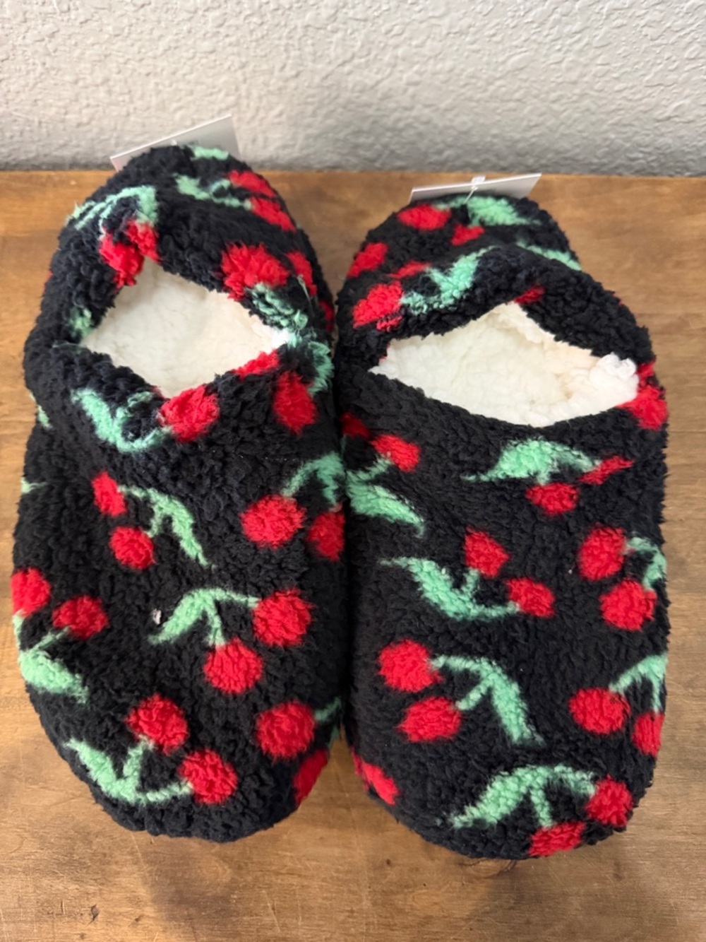 Cozy Black Fuzzy Slippers with Red Cherry Print 2 pairs size 8-10